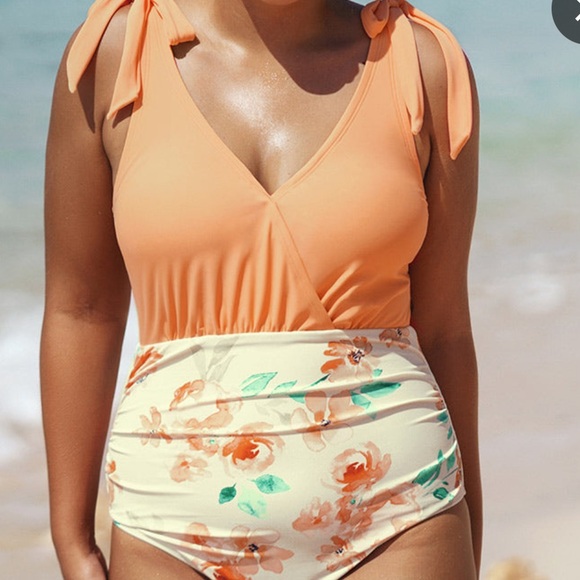 NWT NIP Cupshe orange and floral bathing suit SIZE:OX - Picture 3 of 8